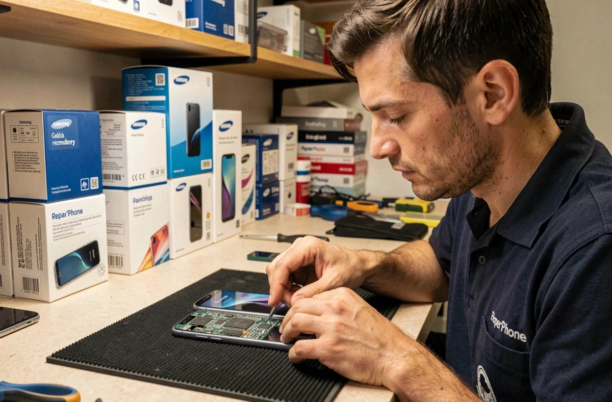 Technicien de Repar'Phone réparant un Samsung dans sa boutique multimarque à Nancy