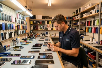 Vue d'ensemble d'un atelier de réparation de smartphones en Meurthe-et-Moselle avec technicien au travail