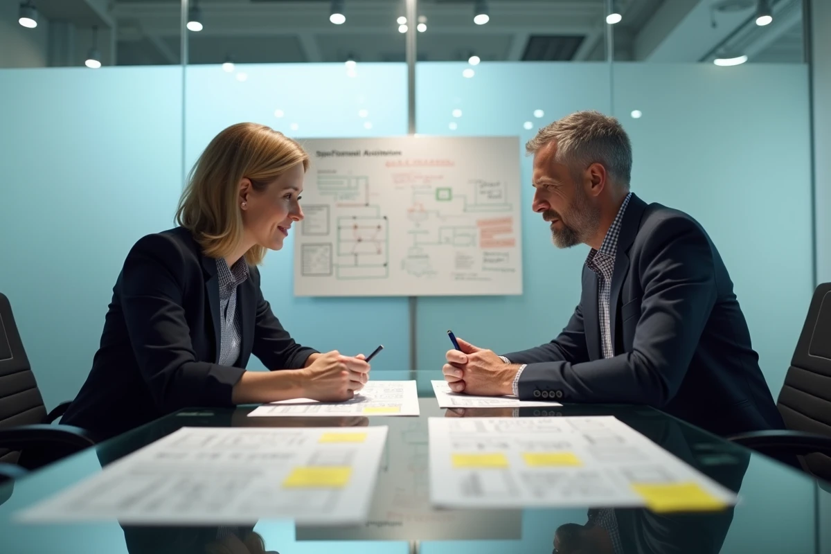 Deux professionnels discutant de l'intégration d'une nouvelle solution technique dans une stack existante autour de diagrammes d'architecture dans une salle de réunion moderne