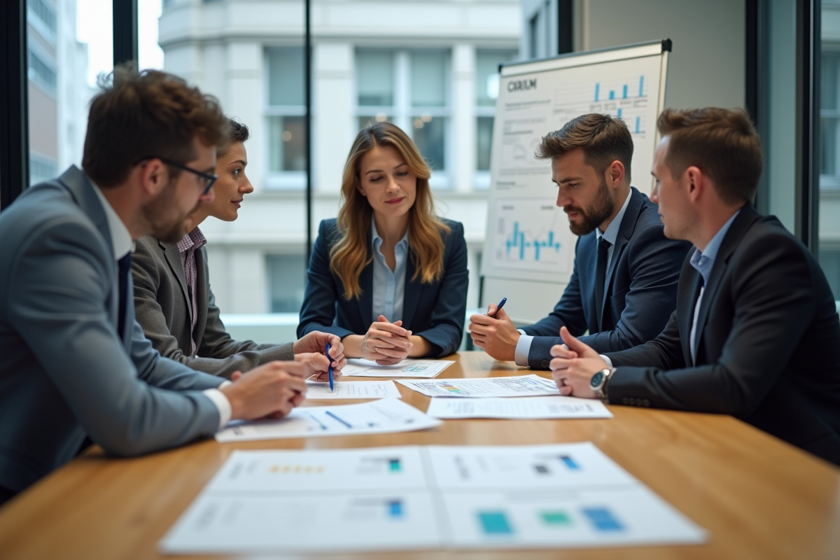Groupe de professionnels collaborant autour de documents CRM
