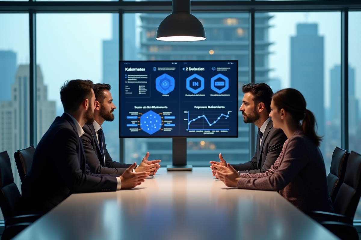 Groupe de professionnels IT discutant autour d