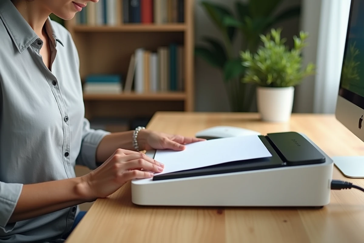 Femme plaçant un document papier sur un scanner à plat connecté à un ordinateur de bureau dans un bureau à domicile organisé