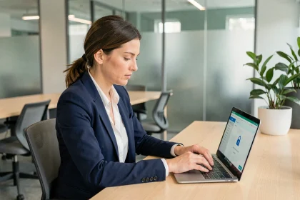 Femme professionnelle configurant la sécurité de sa messagerie sur un ordinateur portable dans un bureau moderne à Grenoble