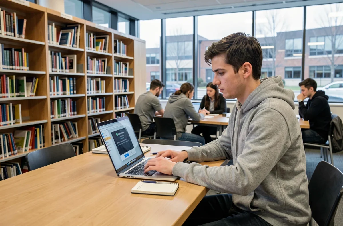 Étudiant sécurisant l'accès à sa messagerie Nantes académique avec une authentification à deux facteurs en bibliothèque