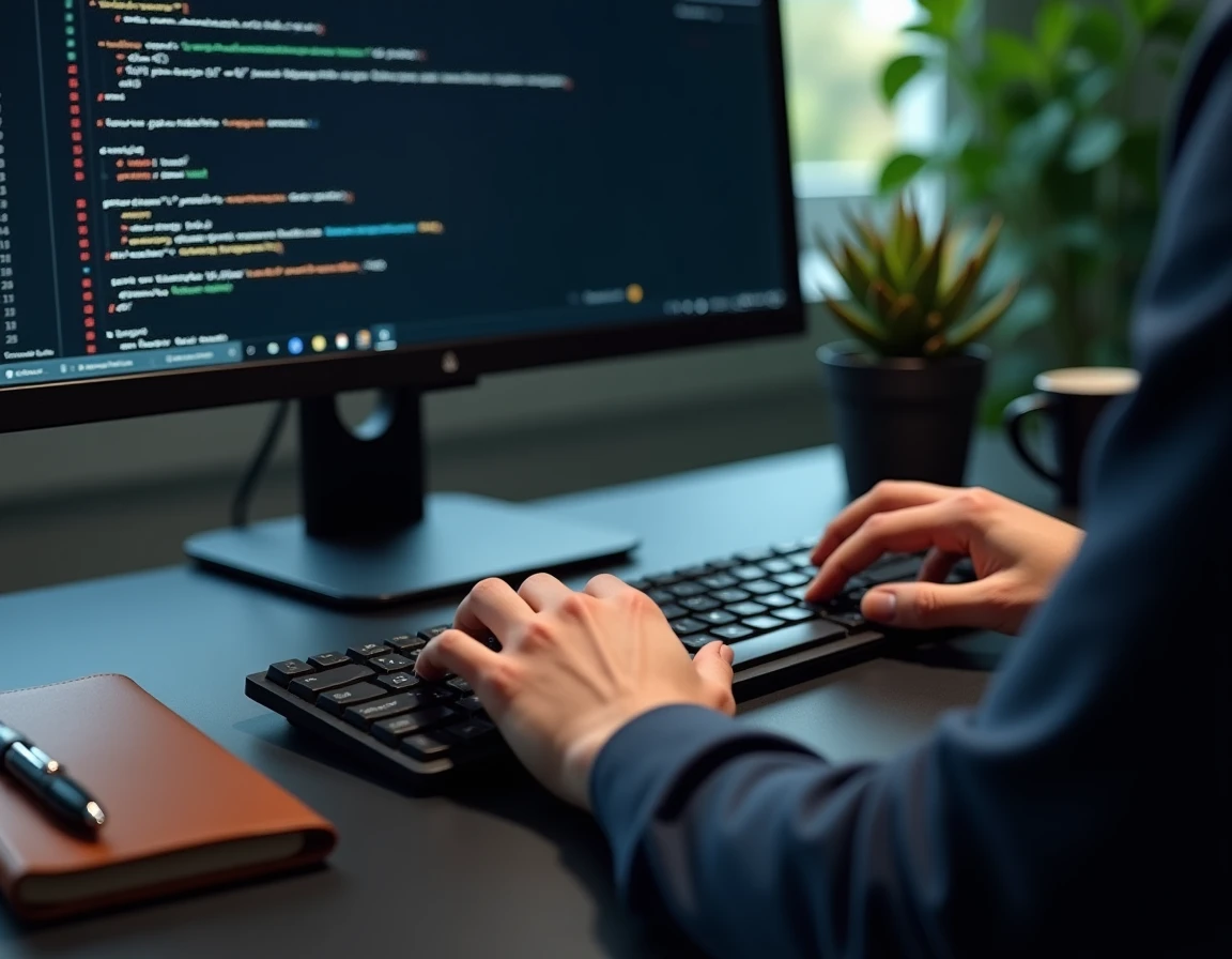 Mains tapant sur un clavier devant un écran affichant un document texte avec des annotations de sécurité et un certificat SSL dans le navigateur