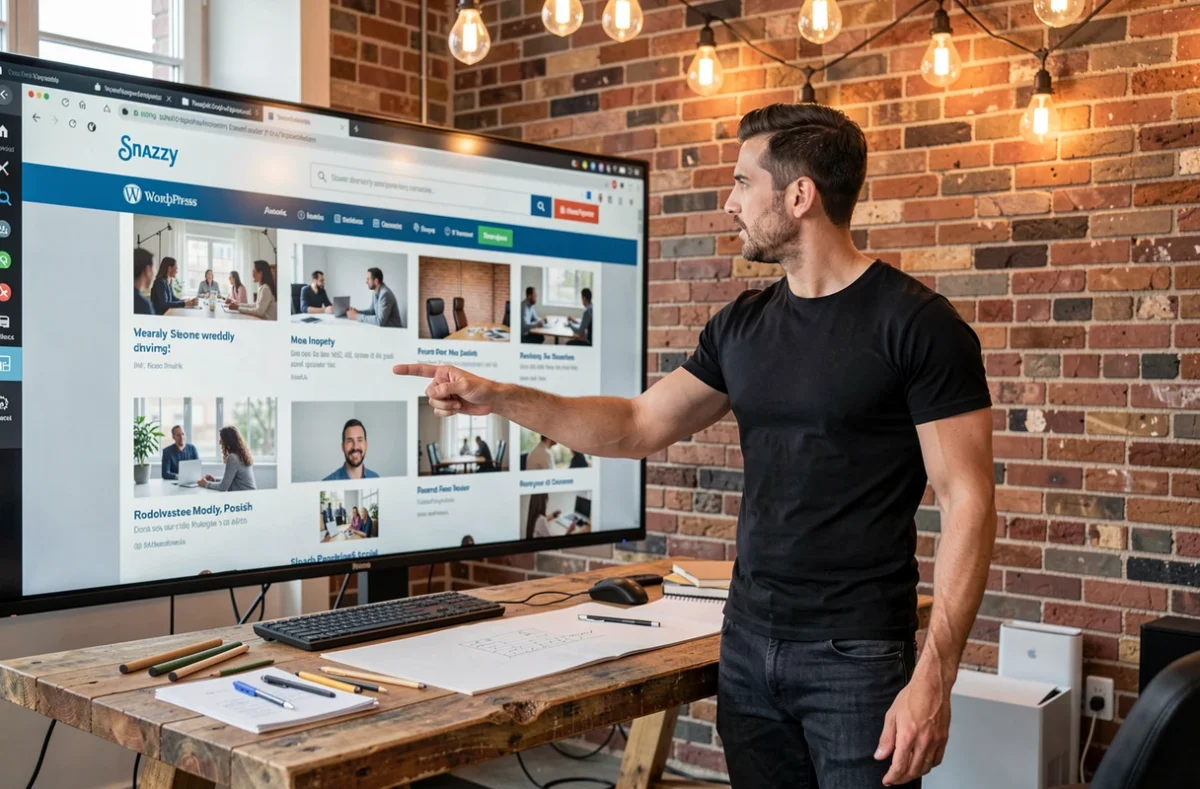 Directeur créatif de l'agence Snazzy dans la Sarthe présentant un portfolio de sites WordPress à son équipe
