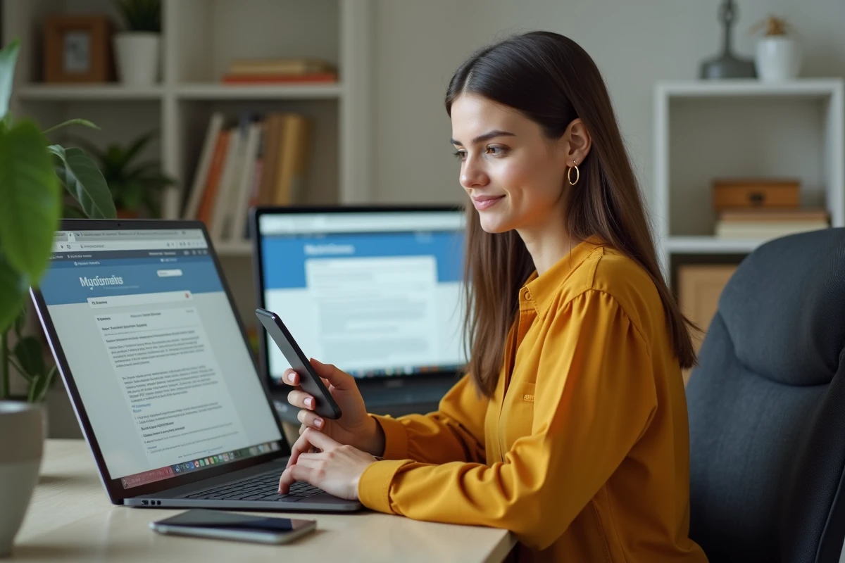 Jeune femme cherchant des solutions à un problème de connexion webmail académique Normandie depuis son bureau à domicile
