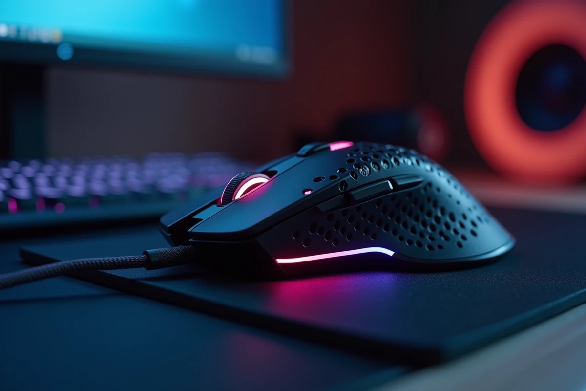 Souris gaming sans fil haut de gamme posée sur tapis de souris noir avec câble de recharge et dock
