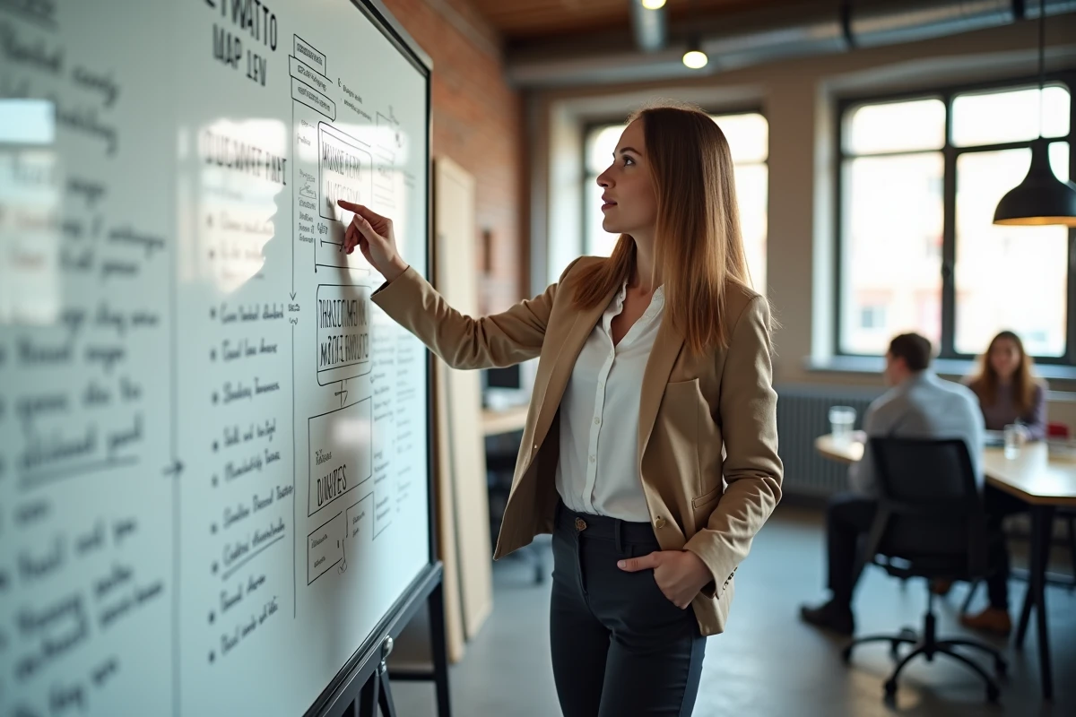 Stratège web présentant une stratégie SEO sur tableau blanc dans un espace de coworking
