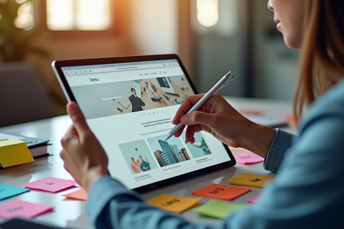 Tablette affichant site web avec notes colorées et mains
