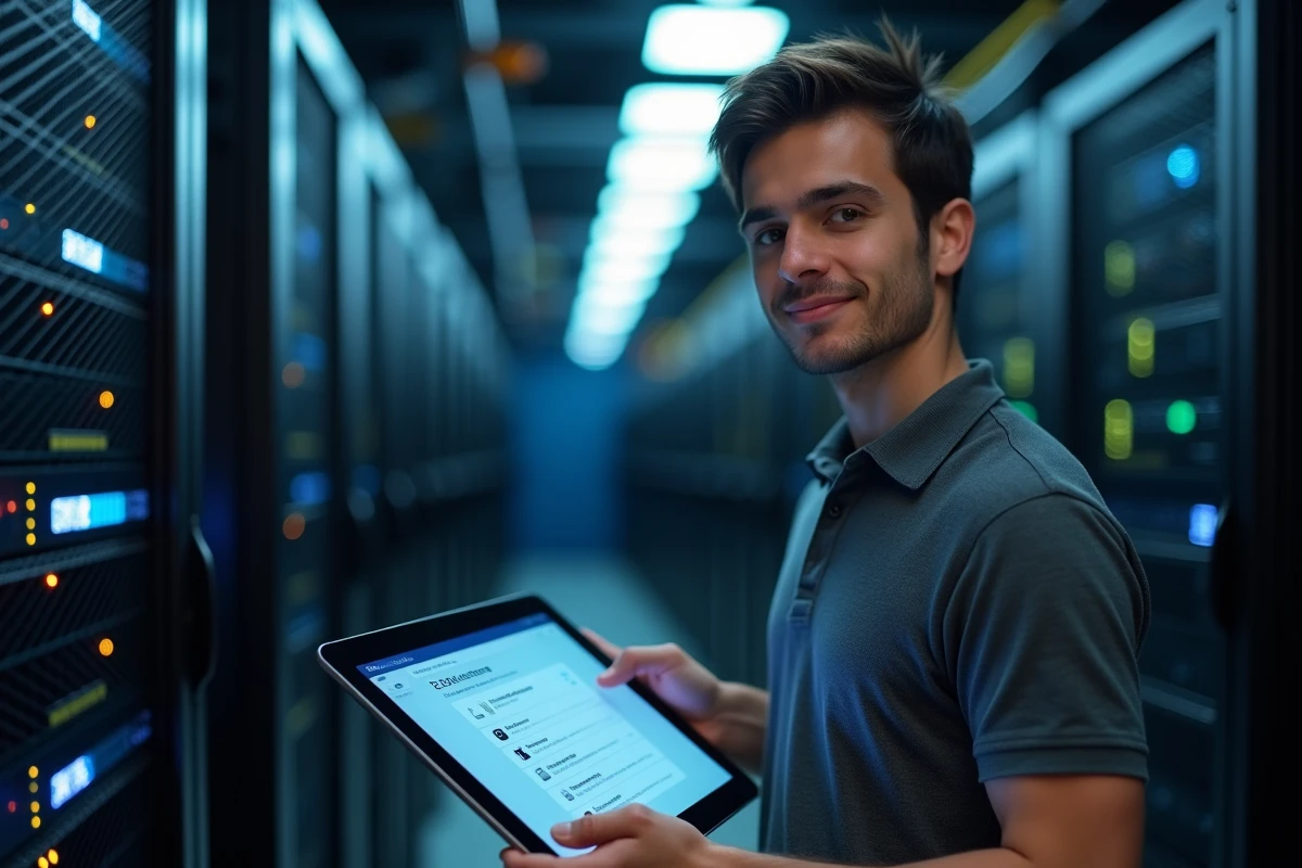 Technicien informatique configurant une messagerie Zimbra sur tablette dans une salle des serveurs