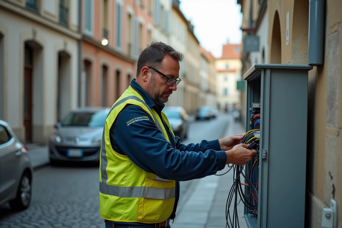 Technicien fibre optique intervenant sur un boîtier télécommunications dans une rue résidentielle française