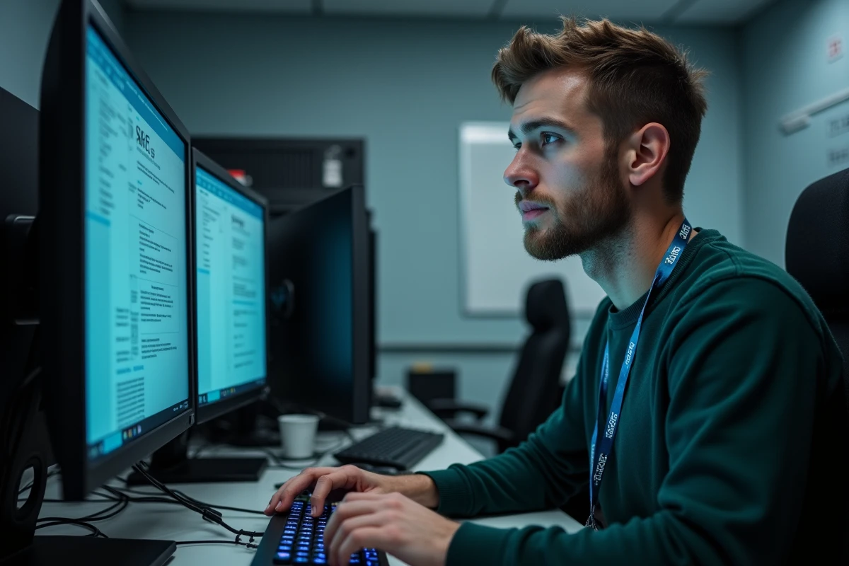 Technicien informatique scolaire gérant les paramètres de sécurité des comptes utilisateurs sur un tableau de bord d'administration ENT, illustrant la gestion des authentifications en milieu éducatif