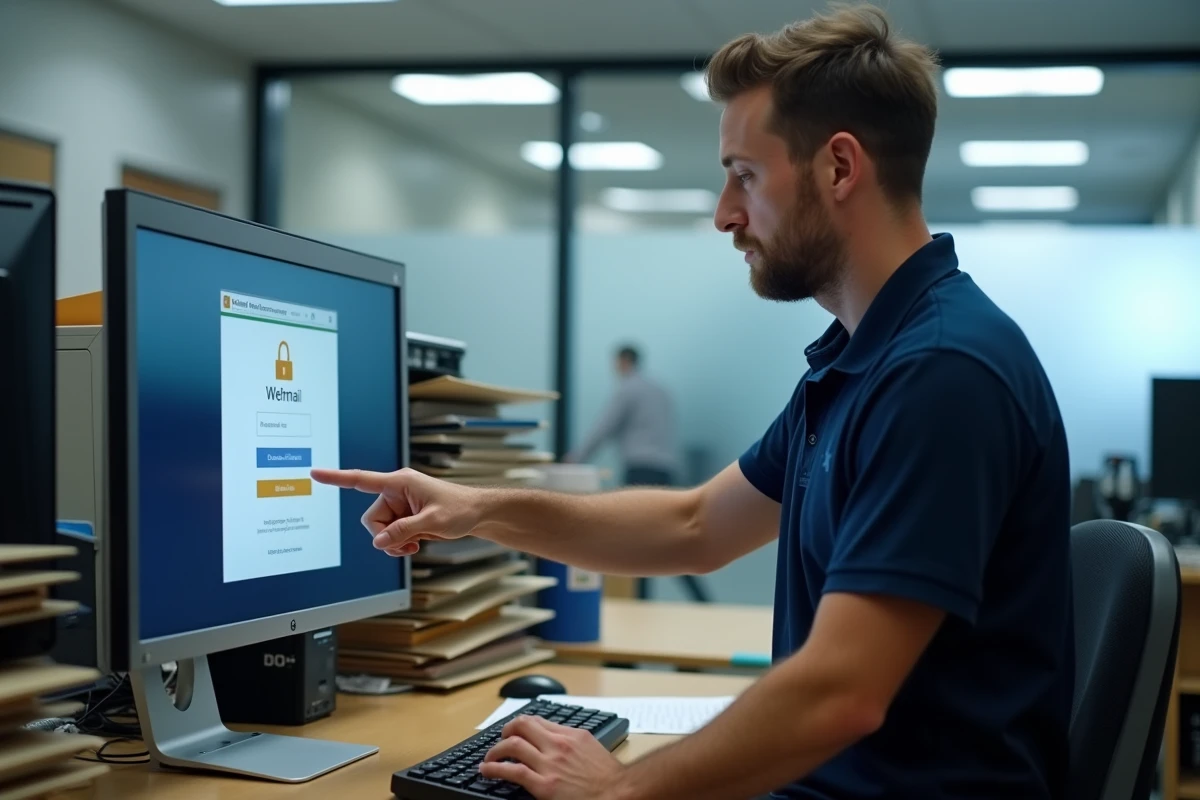 Technicien informatique pointant une erreur de connexion sur le webmail académique Normandie dans un bureau administratif scolaire