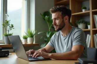 Homme testant l'éligibilité fibre SFR sur son ordinateur portable dans un bureau à domicile moderne