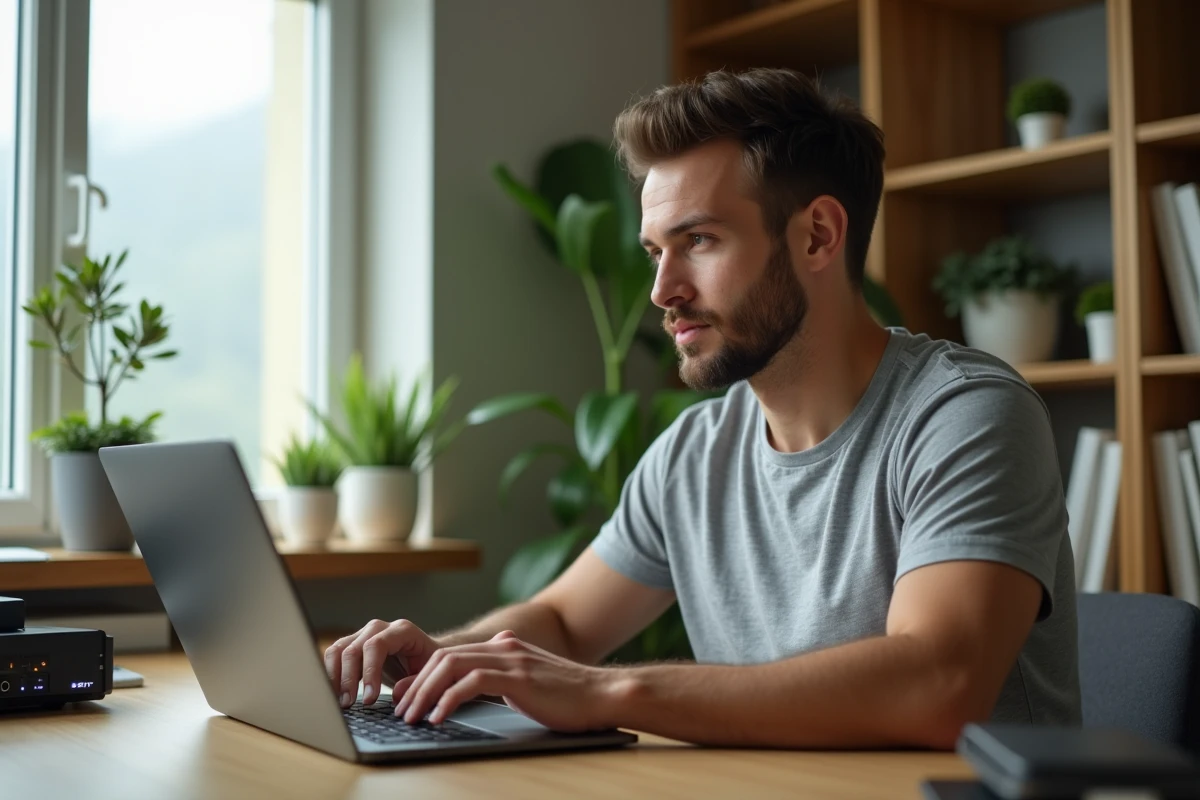 Homme testant l'éligibilité fibre SFR sur son ordinateur portable dans un bureau à domicile moderne