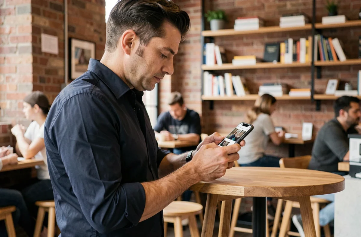 Homme consultant une interface d'hébergement de photos anonyme sur smartphone dans un café urbain moderne