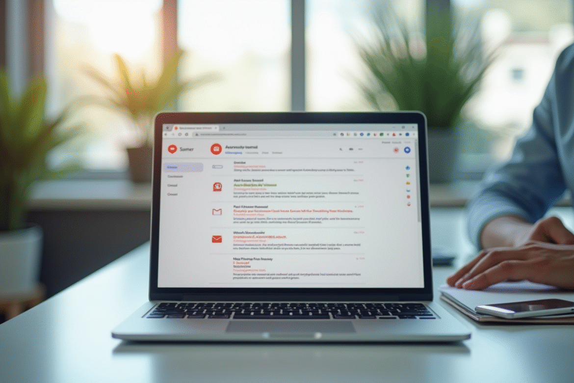Main utilisant un ordinateur avec boîte mail spam visible