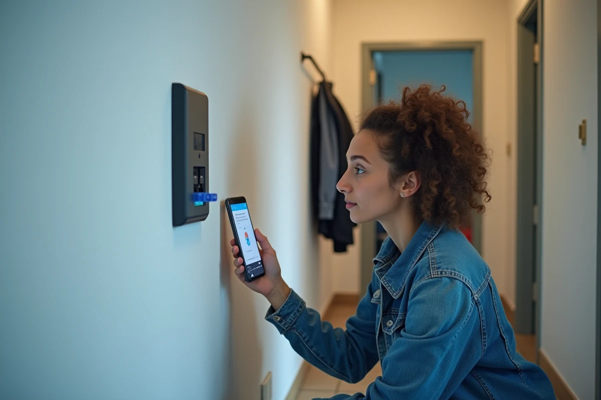 Femme vérifiant la prise fibre optique dans un couloir d'appartement avec son smartphone pour tester l'éligibilité SFR