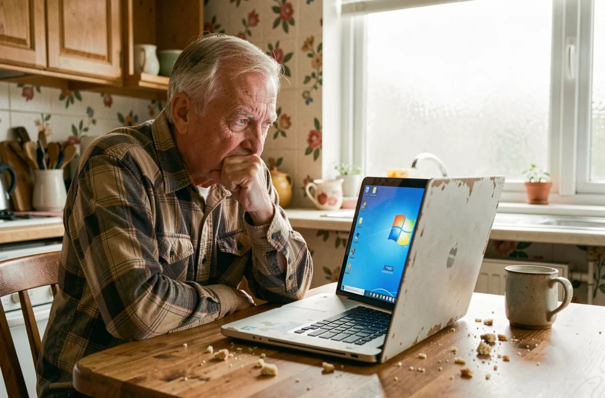 Homme âgé frustré devant un vieux portable lent sous Windows 7 dans une cuisine domestique
