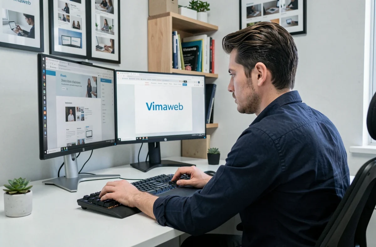 Développeur web travaillant sur un projet WordPress dans les locaux de l'agence Vimaweb dans la Sarthe