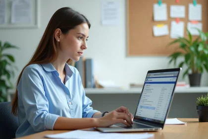 Enseignante consultant son webmail académique de Nantes sur un ordinateur portable dans un bureau universitaire