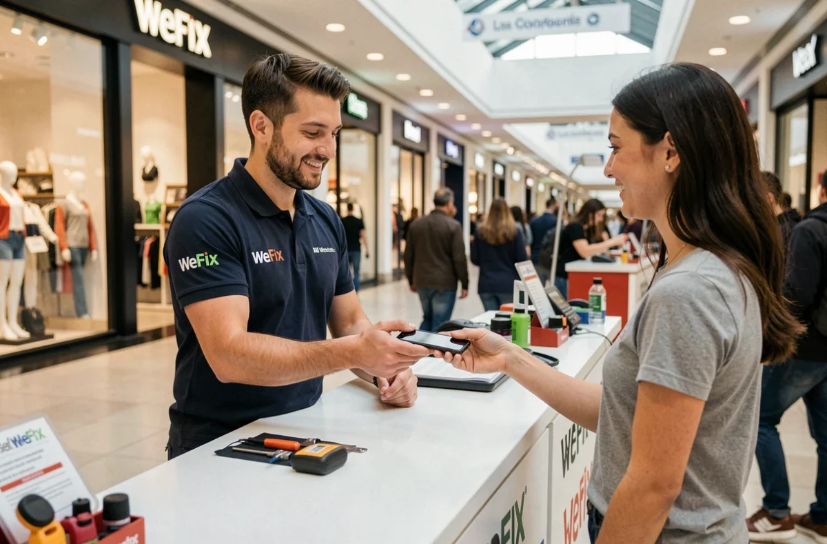 Comptoir WeFix en centre commercial avec technicien remettant un smartphone réparé à une cliente