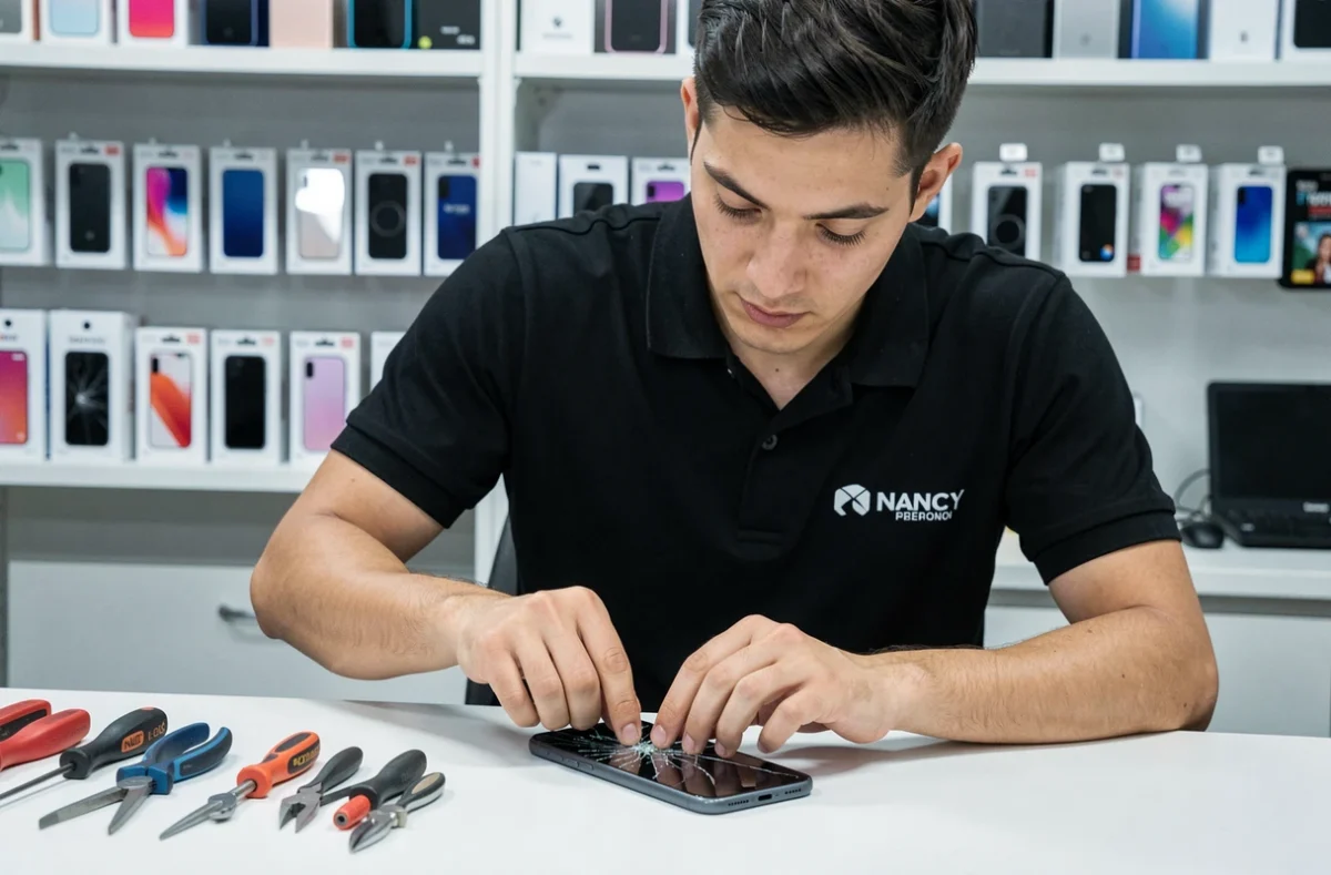 Technicien de You Phone remplaçant un écran de smartphone dans sa boutique à Nancy